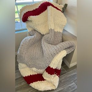 HUGE oversized handmade chunky knit blanket in Vintage, red and Earl gray.